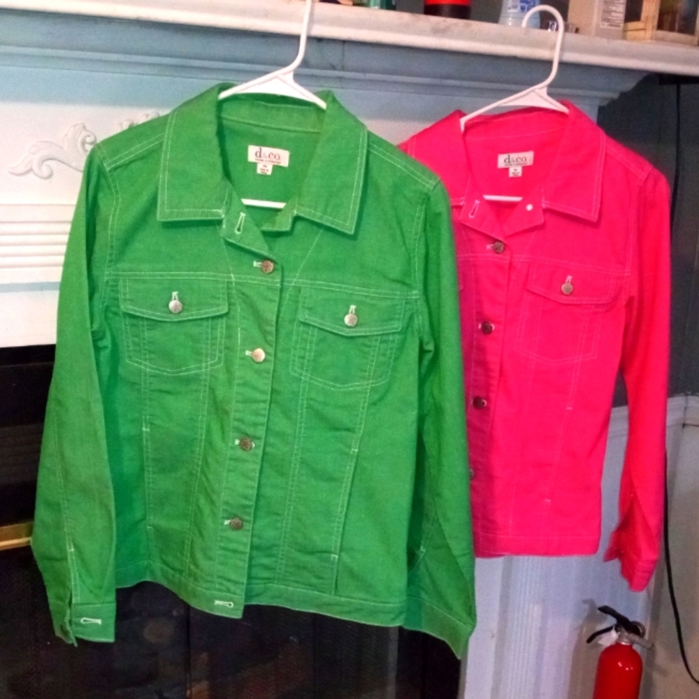 Two New QVC D & Co XS Green and Pink Jean Jackets Denim & Co.